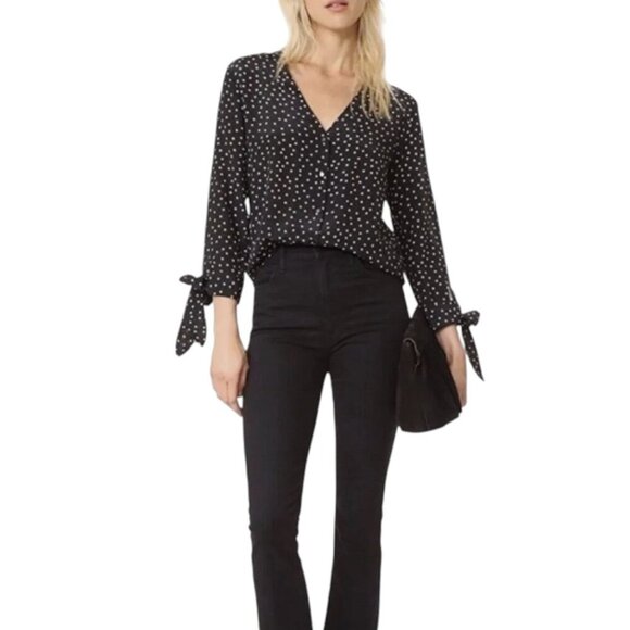 Madewell 100% Silk Star Print Blouse M Black White | Tie Sleeve, Button Front - Picture 4 of 16